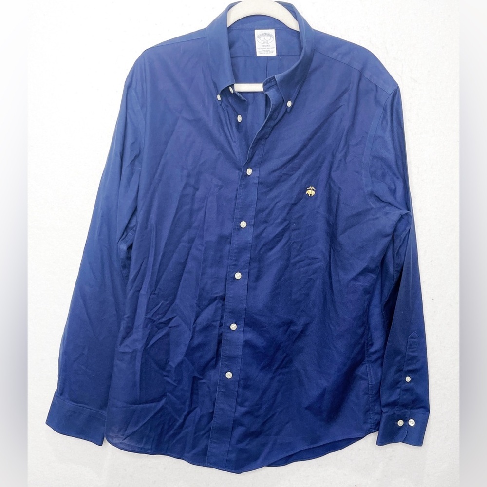 Brooks Brothers Long Sleeve Regent Shirt Navy Blue Embroidered Golden Fleece LG
